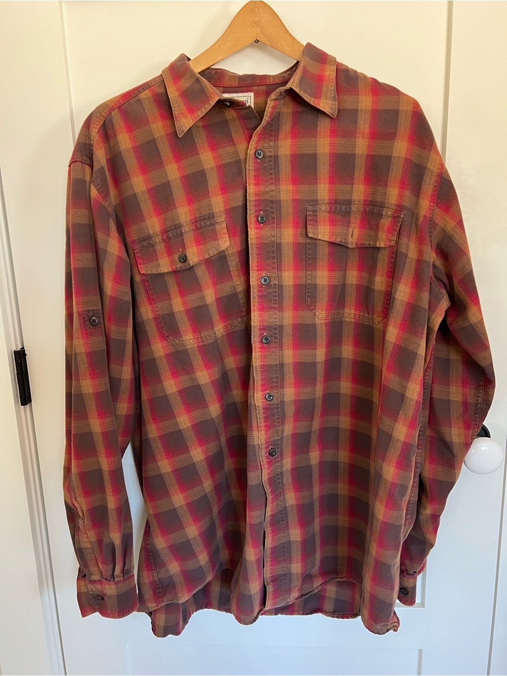 L.L. Bean Red and Brown Plaid Casual Button-Down Shirt